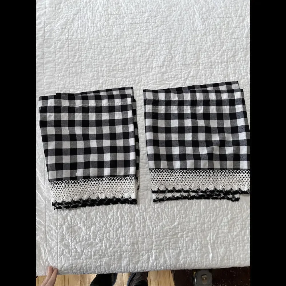 2 Buffalo Plaid Kitchen Curtains Valance Black White Check Crochet Trim 15x58”​